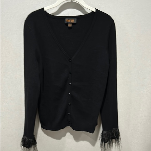 Truth Black Cardigan with Feather Cuffs - Picture 1 of 5